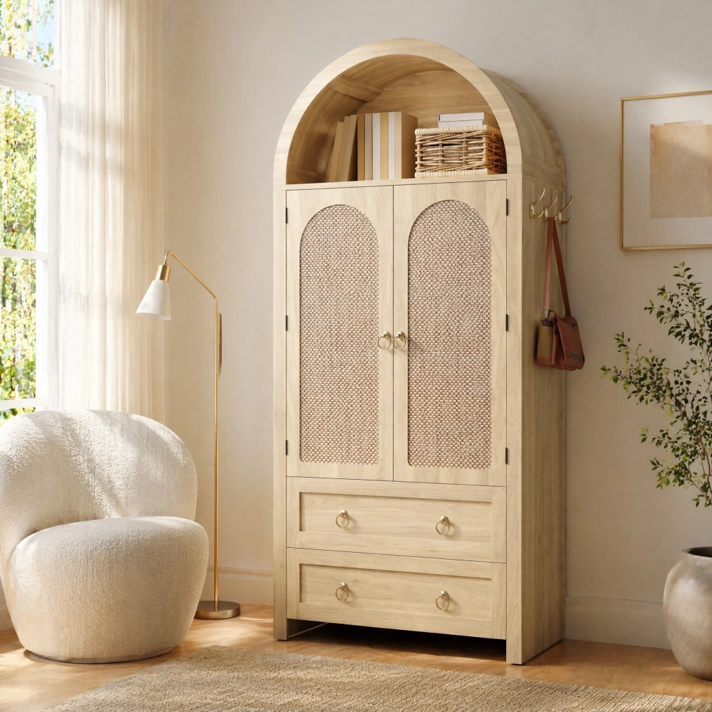 Credenza con ripiani aperti, armadietto con ante in rattan, doppi cassetti e ganci laterali, in MDF rovere