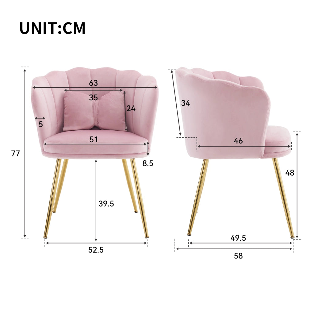 Poltrona da salotto in velluto rosa con schienale a petalo, cuscino schmetterling e gambe in metallo dorato