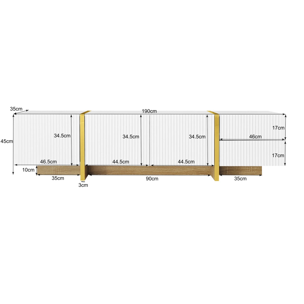 MOBILE TV 190x35x45 cm 3 Ante 2 Cassetti Bianco Oro Effetto legno