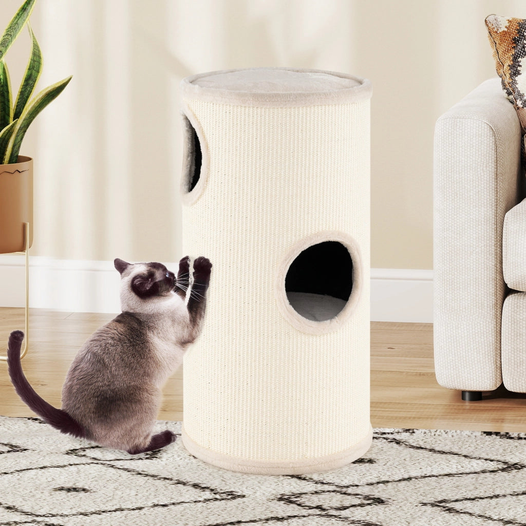 Condo per gatti a piani multi-livello con tappetino per graffi in sisal, Condo letto morbido per pisolini Beige