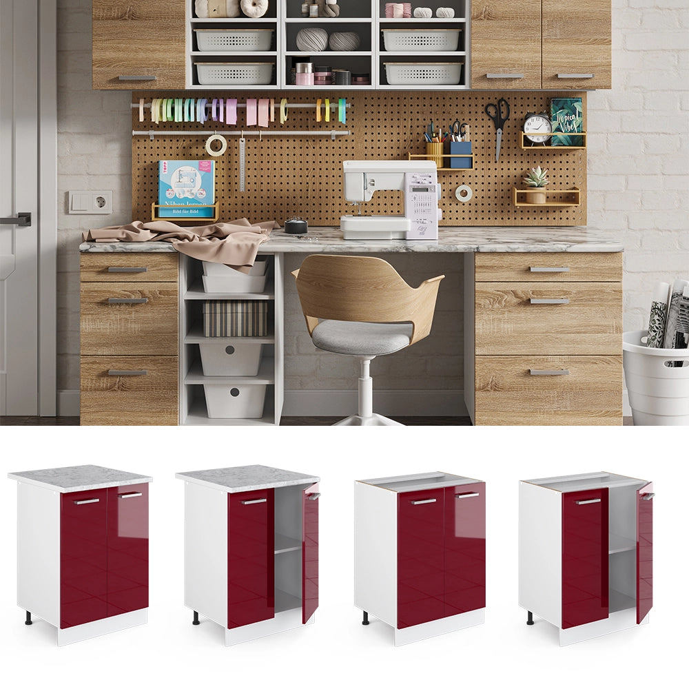 Vicco Base universale Rosso bordeaux lucido 60 cm con ante, con piano di lavoro