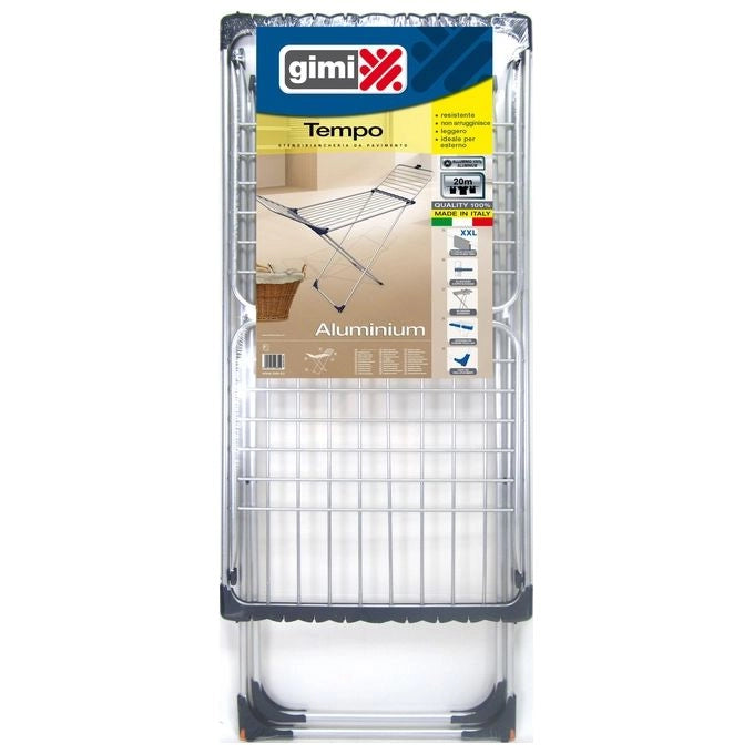 Gimi 8001244108554 Tempo Stendibiancheria da Pavimento in Alluminio 20 m con Ruote e Fenditure per Piccoli Capi colore Nero