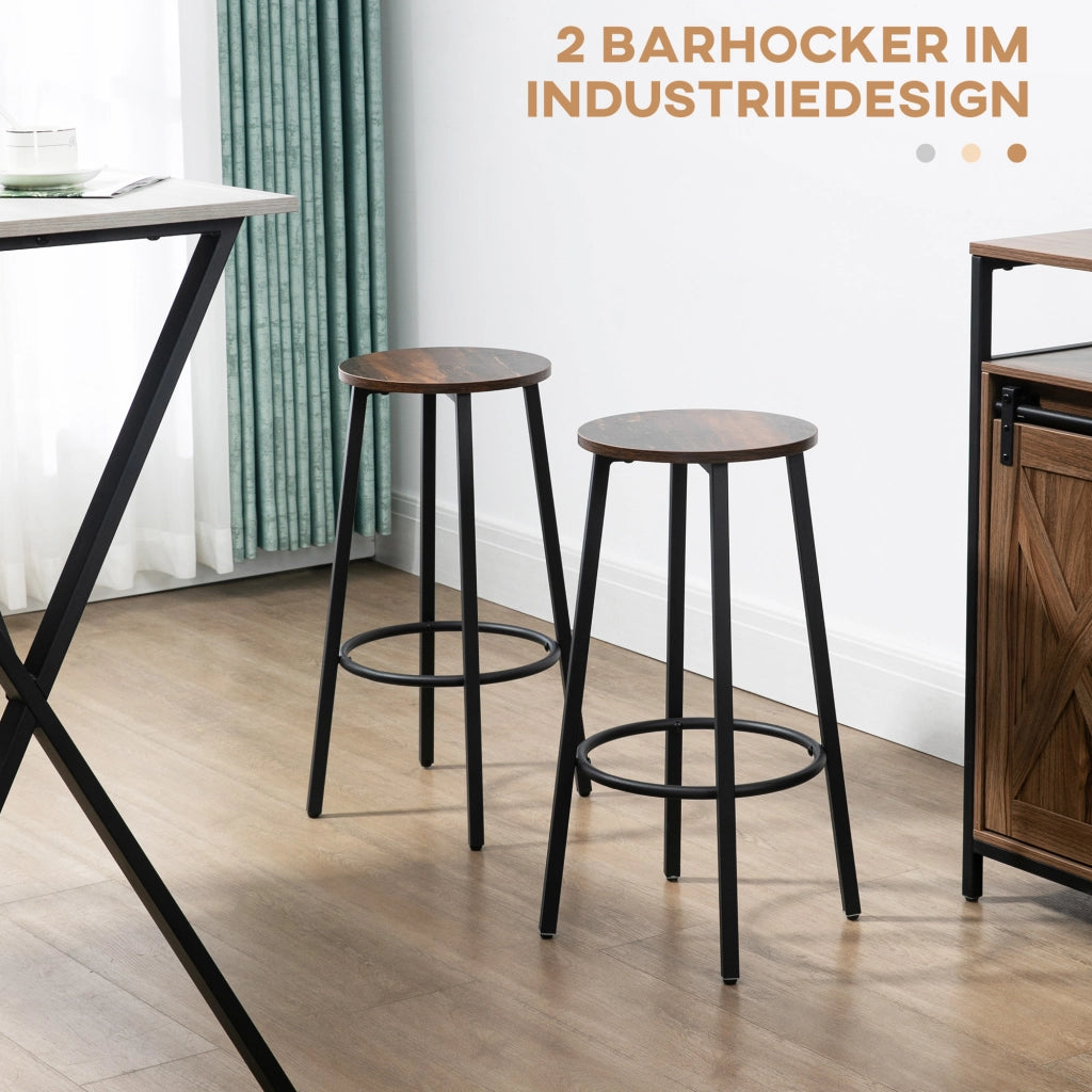 Set di 2 sgabelli da bar industriali con poggiapiedi, struttura in acciaio, seduta effetto legno, 42 x 42 x 65 cm, marrone