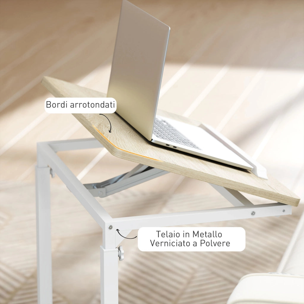 Tavolino da lavoro regolabile con piano inclinabile e ruote ¨C zephmum ¨C bianco e rovere 55x36x62.5-82.5 cm