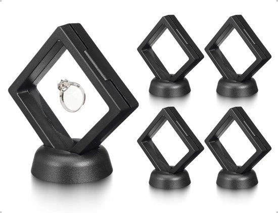 Set di Cornici Galleggianti da 4 - Supporto di Vetrina - Mini Vetrina - Supporto di Mese - Presentazione di Gioielli - Nero con Base - Display da Dozzina