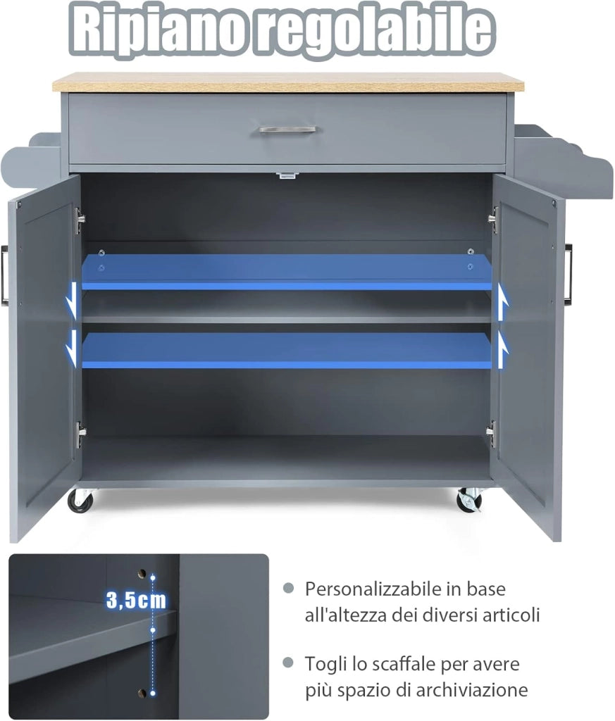 Carrello da Cucina con Ruote di Gomma, Scaffale per Microonde Carrello Servizio, Mobile Cucina con Ripiani e Ante, Credenza Cucina Legno Moderno Elegante, 116 x 37 x 85 cm (Grigio)
