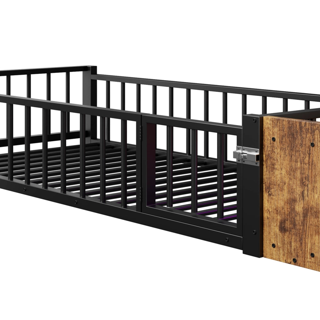Letto singolo bambini 90x200 cm in metallo e MDF con sponda sicurezza, vano portaoggetti e LED, senza materasso