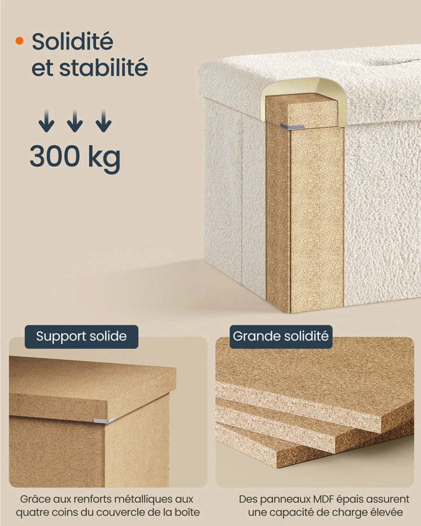 Pouf contenitore pieghevole/poggiapiedi 38 x 110 x 38 cm contenitore portata fino a 300 kg per soggiorno camera da letto corridoio bianco crema 12_0006093