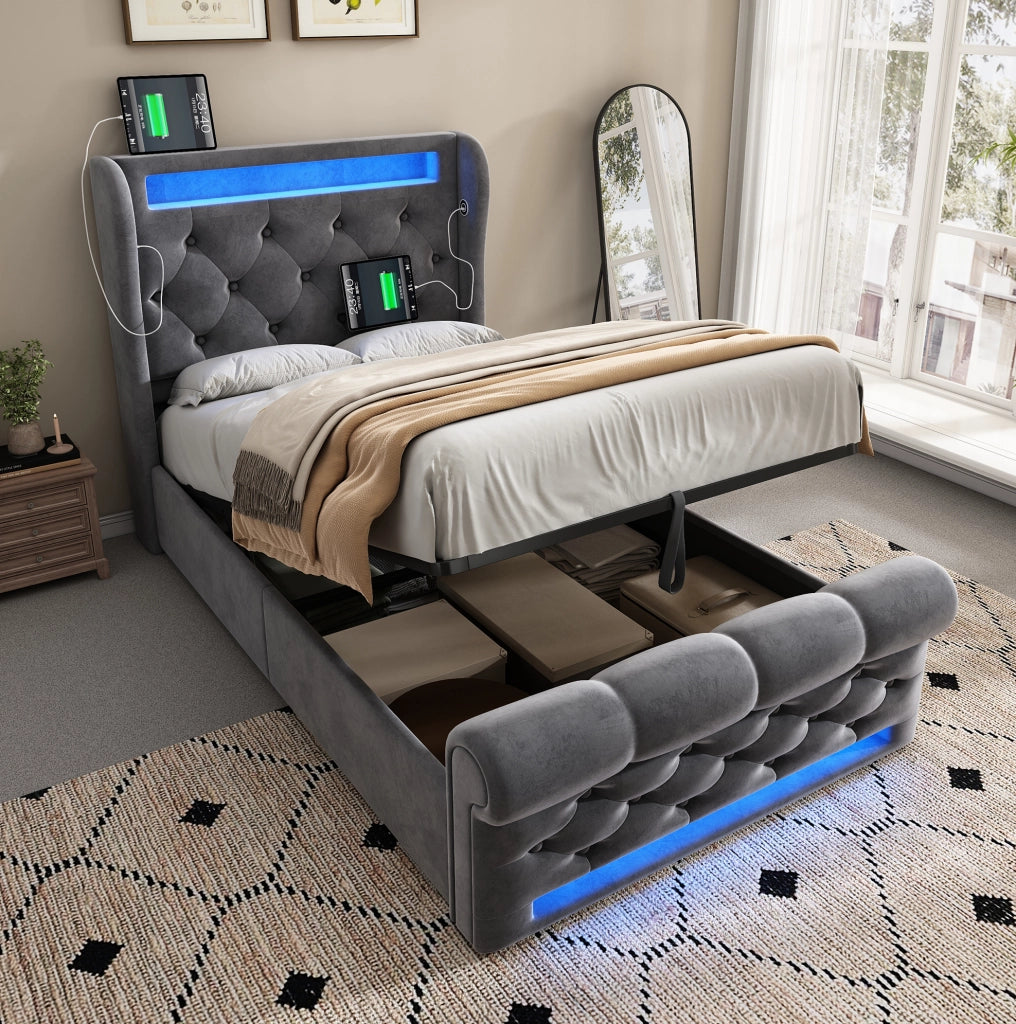 Letto imbottito con contenitore 90x200 cm in velluto grigio; LED integrato; USB e Type-C; con materasso