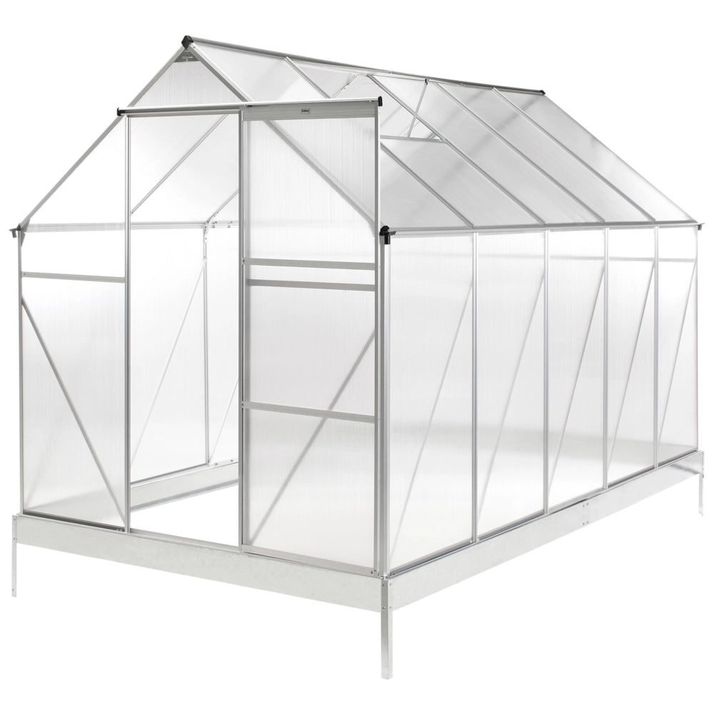 Grande serra da giardino in policarbonato con struttura in alluminio Porte scorrevoli walk-in Protezione UV Argento