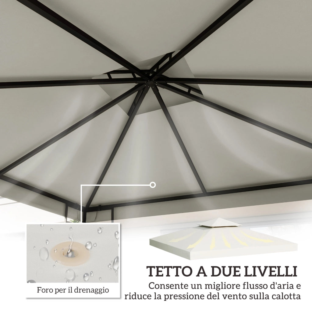 Telo Gazebo 3x3 m a 2 Livelli in Poliestere Resistente. Copertura Gazebo 3x3 con 8 Fori di Drenaggio e Cinghie in chiusura a strappo. Crema