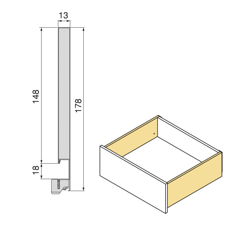 Cassetto esterno Vertex con regolazione 3D altezza 93mm, 40kg, spessore del pannello di 18mm, profondità 350mm, Acciaio