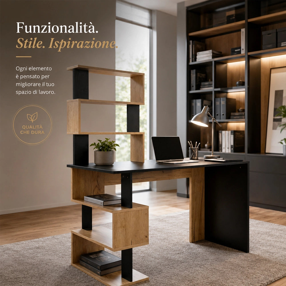 Scrivania con Libreria Tavolo Porta Pc in Legno per Casa Ufficio Nero e Quercia