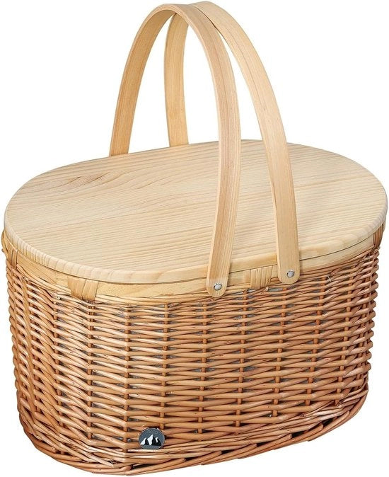 Carrello da picnic per 4 persone con cesto intrecciato e coperchio in legno di pino Carrello da picnic con compartimento per bevande Set di piatti, posate e bicchieri Cesto di vimini con maniglie marrone chiaro Carrello da picnic