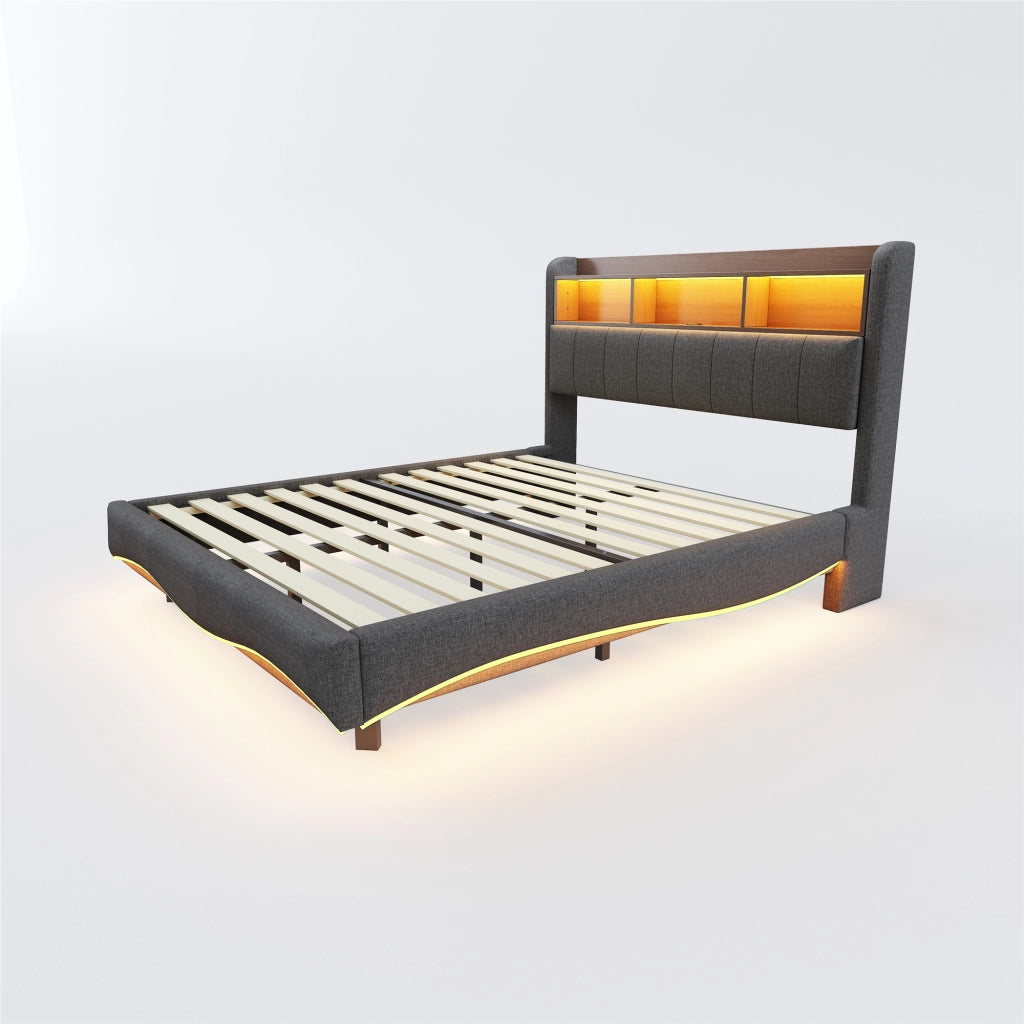 LETTO Imbottito 160x200 cm Grigio con LED, USB e Type-C