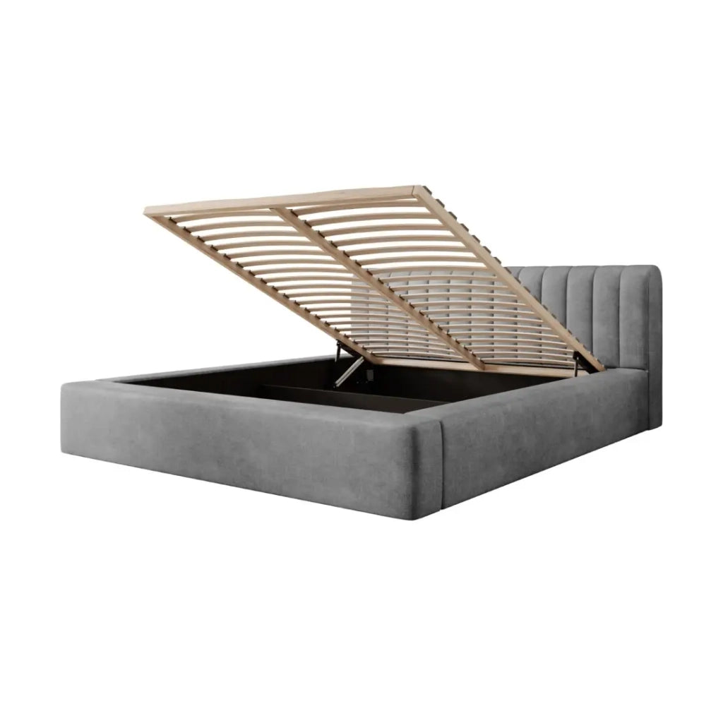 Letto contenitore CERVIN – Velluto morbido Nacre di cemento – 160x200 cm – Rete sollevabile – Design contemporaneo