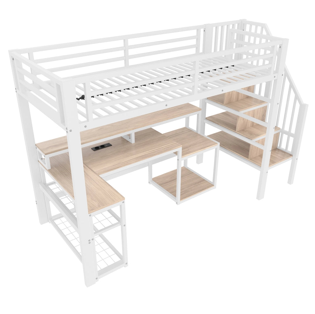 Letto a soppalco 90x200 cm con scrivania, LED e USB, struttura in metallo bianca
