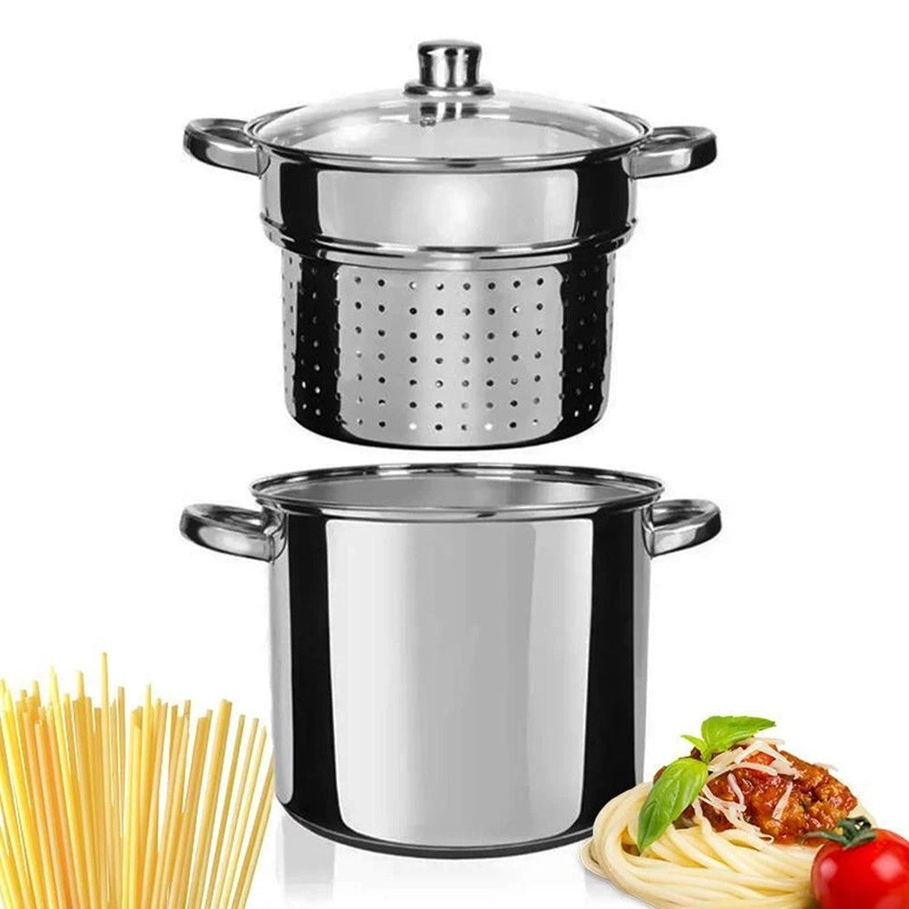 Trade Shop - Set 3pz Pentola Cuocipasta In Acciaio Scola Pasta Con Coperchio Manici ø24cm 8lt Induzione -
