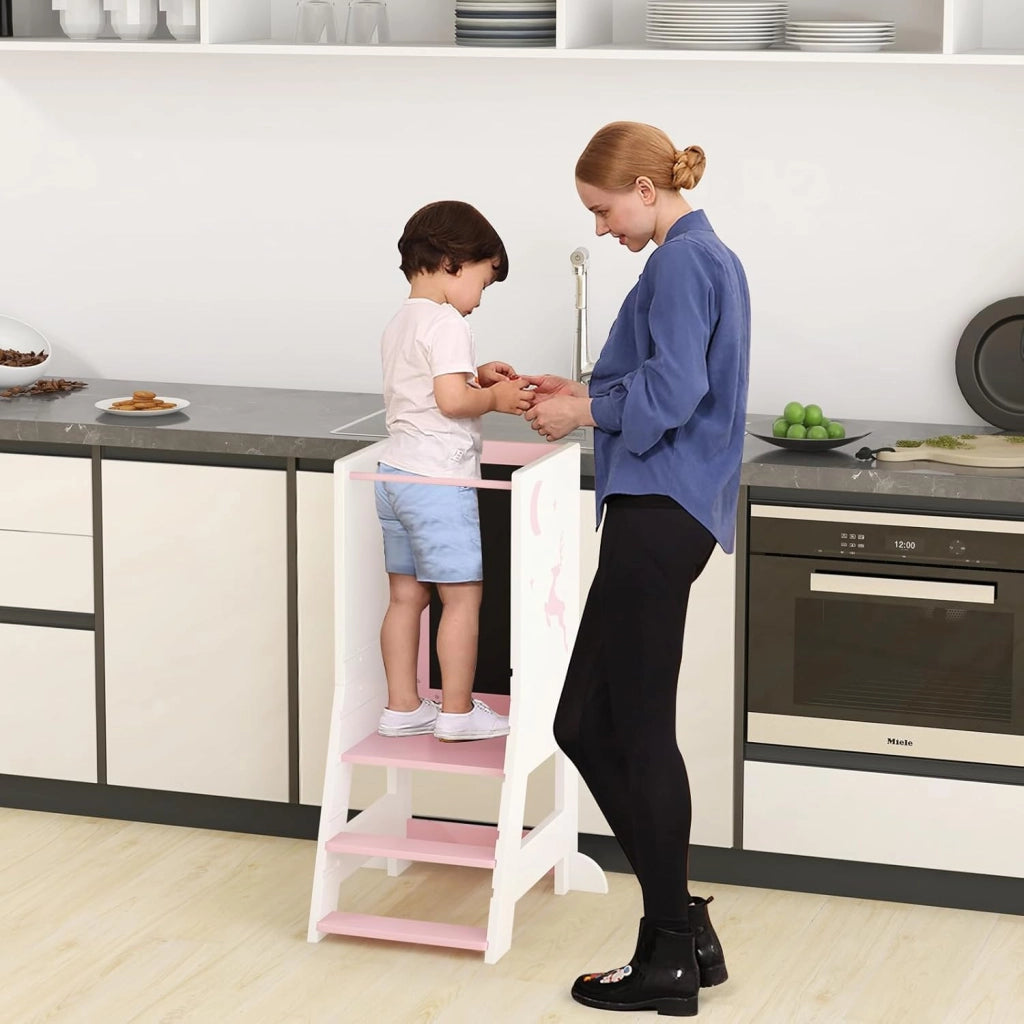 Torre per Bambini 2 in 1, Sgabello da Cucina per Bambini con Lavagna, Piattaforma e Gradino Regolabili, per Bambini da 1 a 7 Anni, Capacità di Carico 70 kg (Rosa)