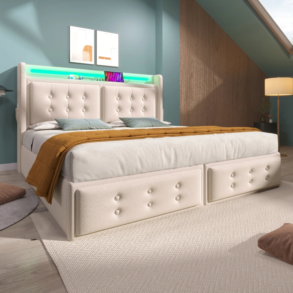 Letto Imbottito Contenitore 140x200 con Testiera LED e USB ¨C MINIMAL ¨C Beige, Cotone, Doghe in Legno