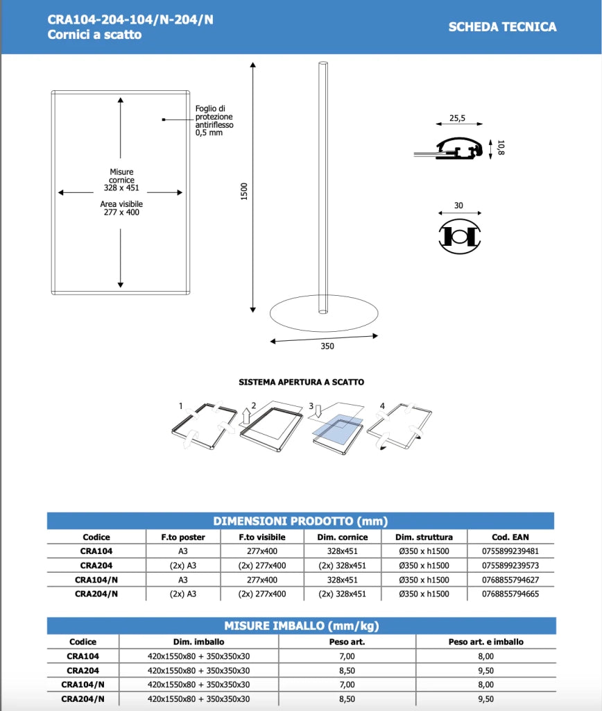Porta Comunicazioni con Cornice A4 NERA - Bifacciale Alluminio