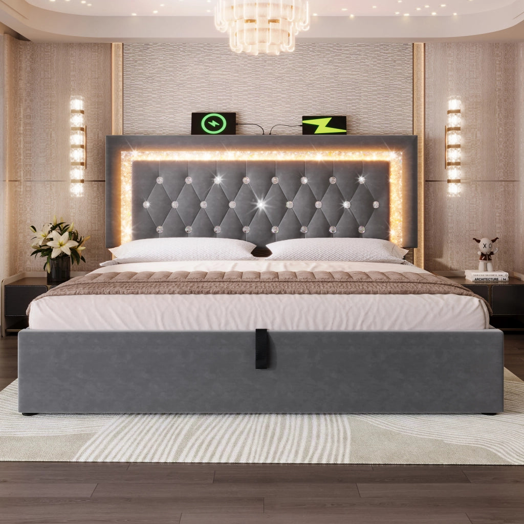 Letto imbottito 140x200 cm in velluto grigio con LED, ricarica USB e Type-C, contenitore idraulico e rete a doghe