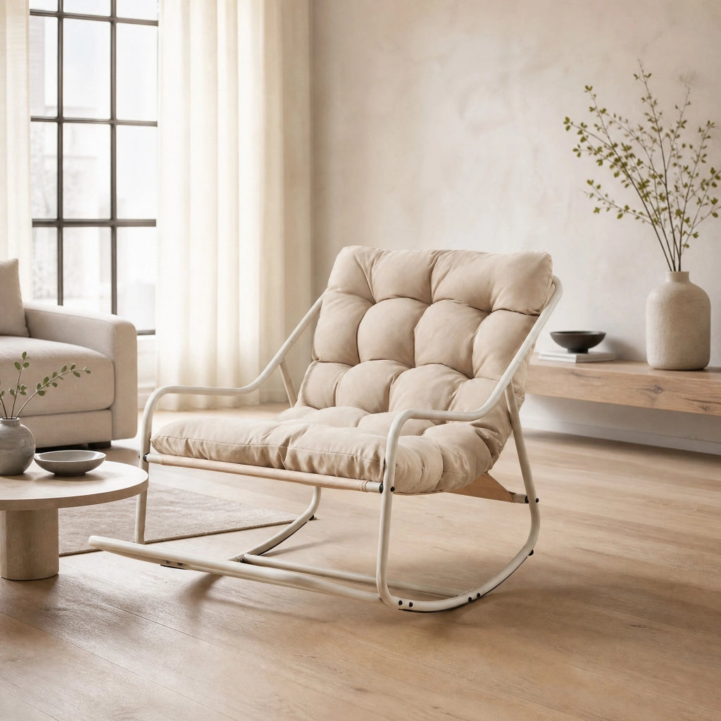 Sedia a dondolo da esterno con cuscino spesso, struttura in acciaio, beige