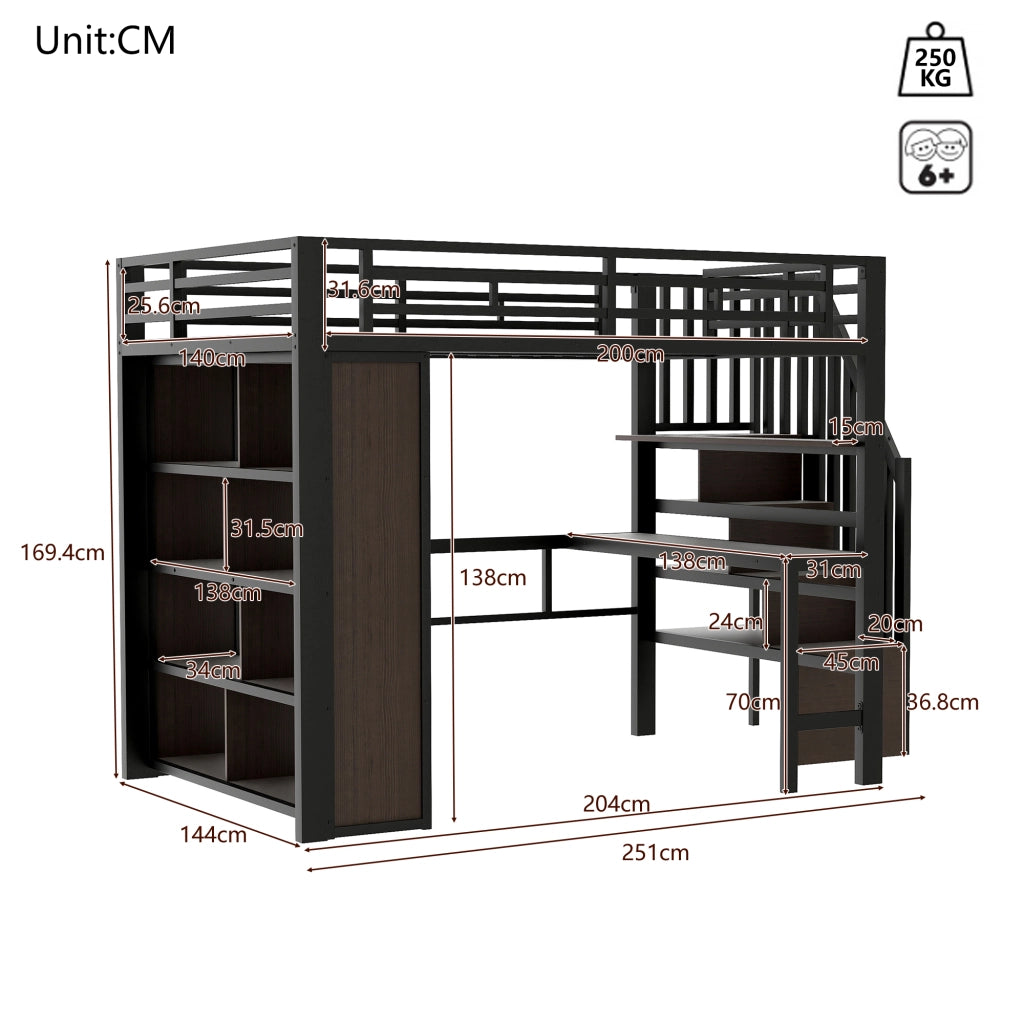 DESMIU Letto a soppalco matrimoniale con scrivania, mensole, gradini contenitore e LED regolabile 140 × 200 cm, senza materasso