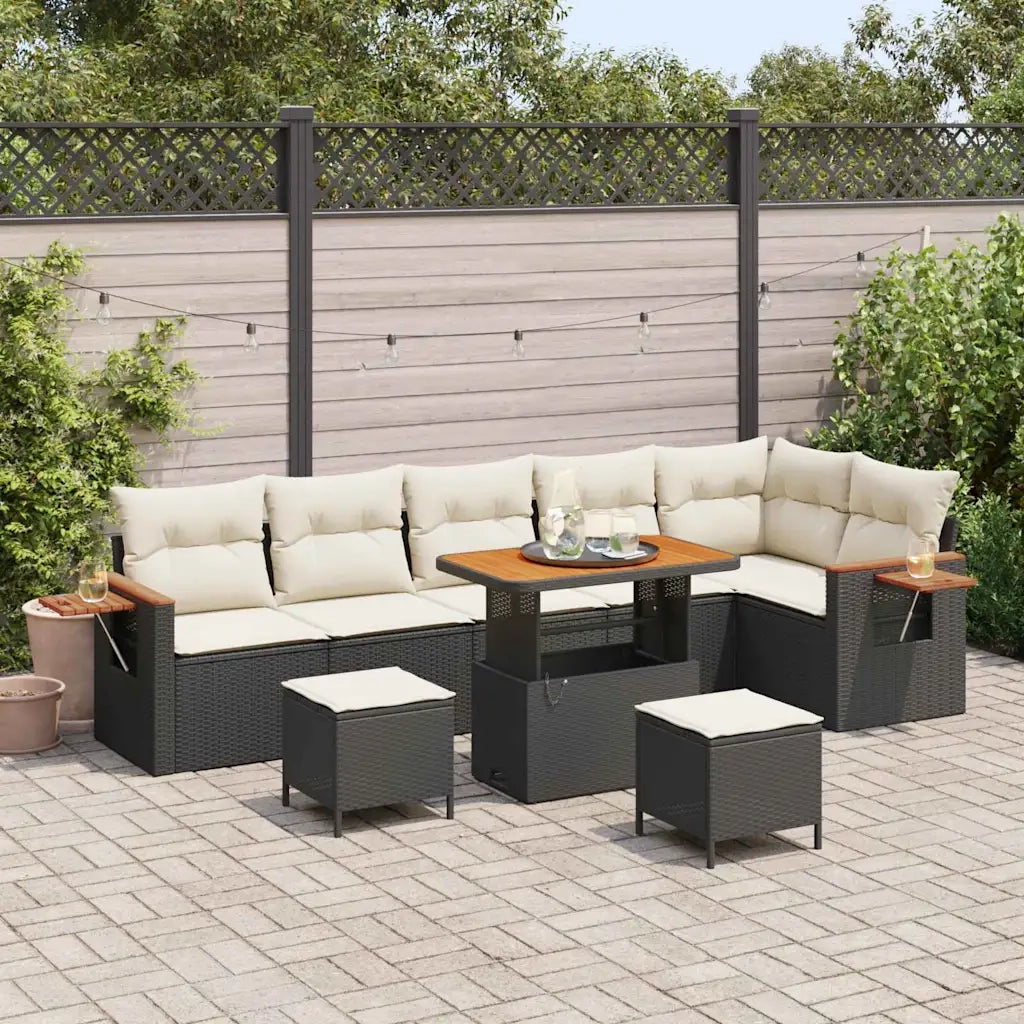 Set Divano da Giardino 11 pcs Nero e Crema polyrattan