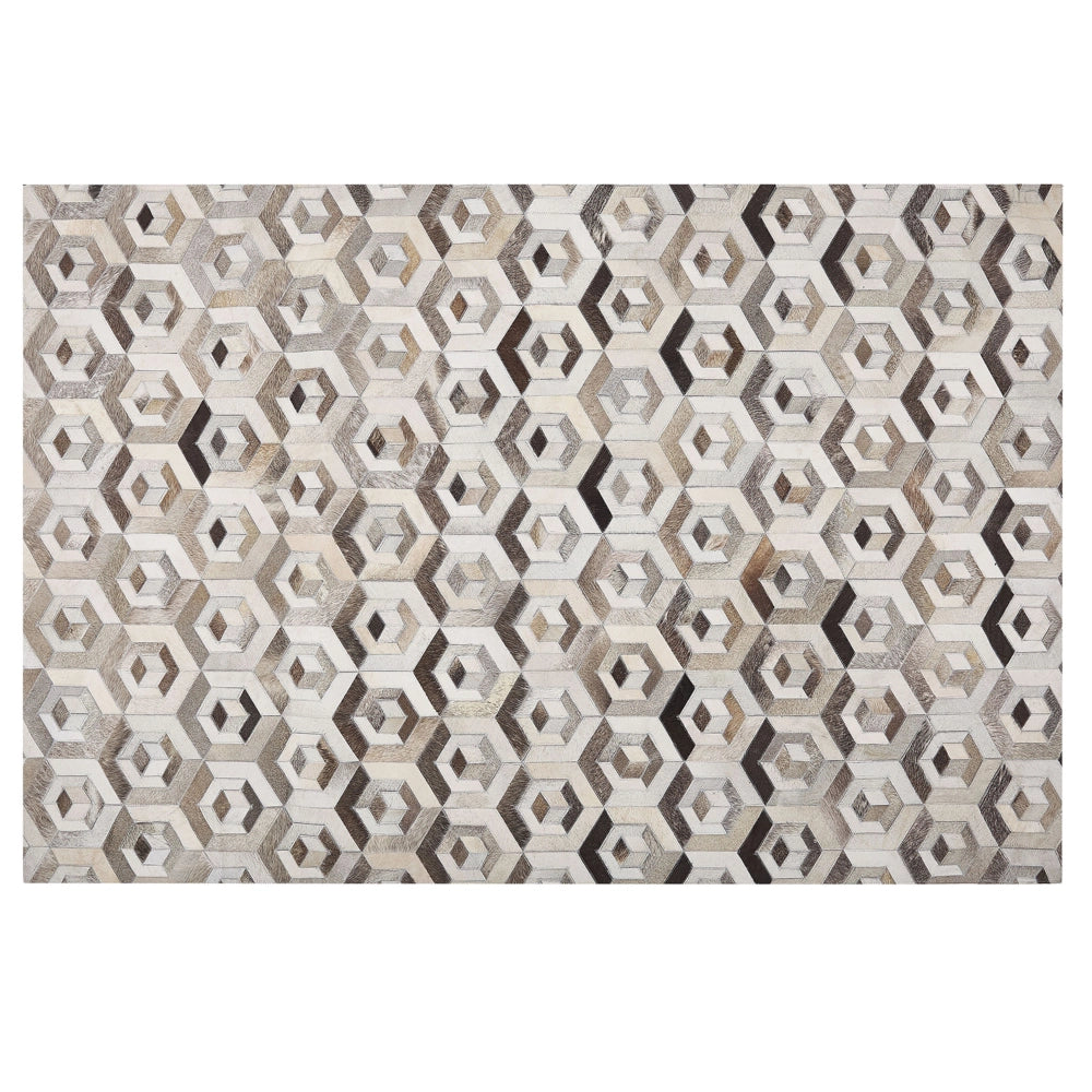 Tappeto rettangolare in pelle di vacchetta beige e marrone 140 x 200 cm Patchwork motivo geometrico retrò