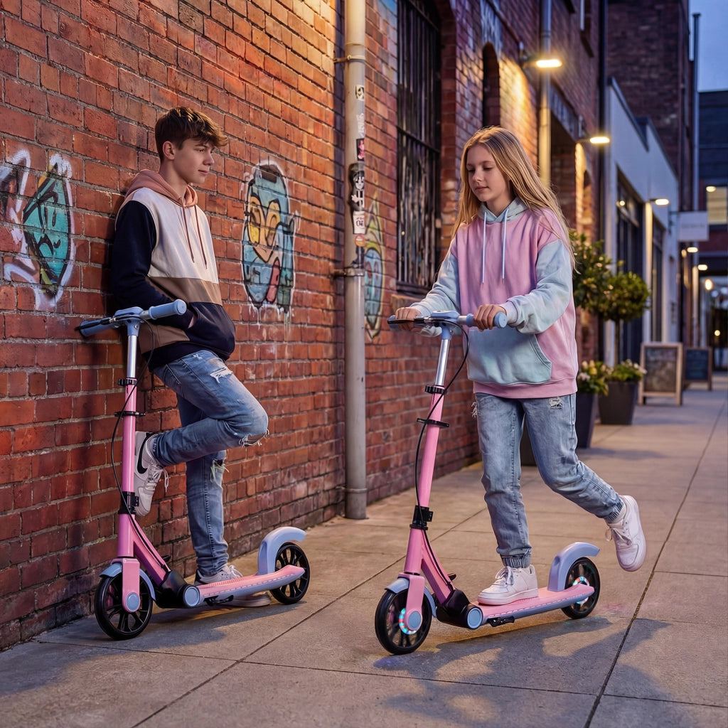 Monopattino pieghevole con ruote luminescenti e manubrio regolabile, Telaio in alluminio leggero per adulti e bambini Rosa
