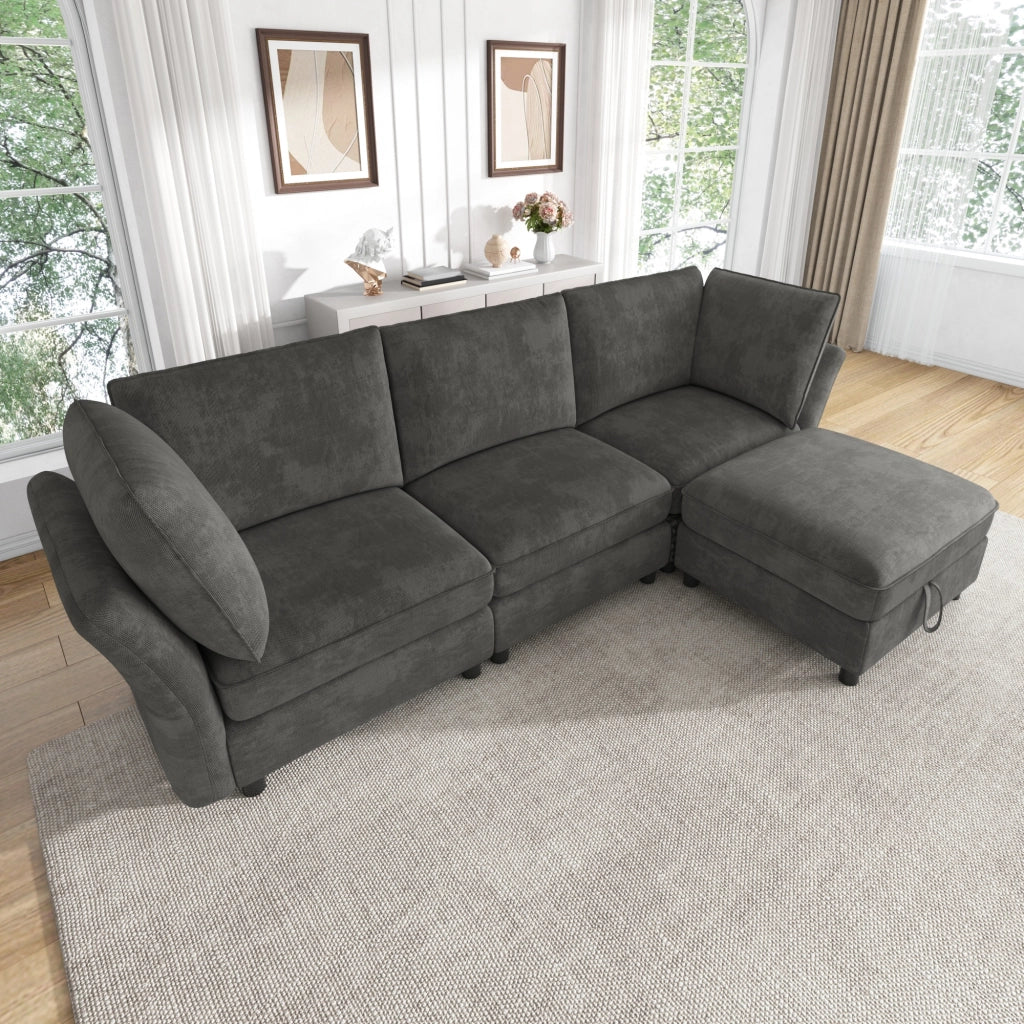 Divano modulare angolare 4 posti - con pouf contenitore e cuscini - in chenille grigio