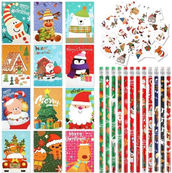 Regali di Natale Mini Scatola - Notizie di Natale - Blocchi di Note di Natale - Pennarelli di Natale - Tatuaggi Temporanei - 12 Pezzi per Set - Regali di Natale