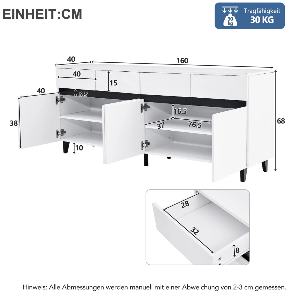 Credenza moderna bianca lucida 160x40x68 cm in truciolare; con 4 cassetti e ripiani regolabili