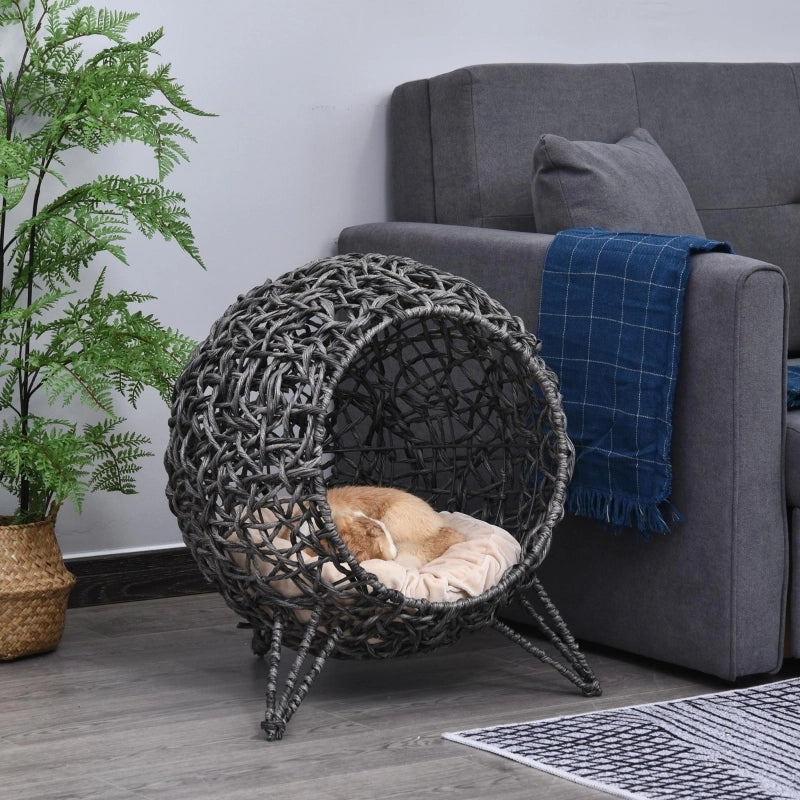 Casetta per gatti in rattan con cuscino, cuccia, grotta per gatti con piedini rialzati, grigio argento, ?52 x 58 cm