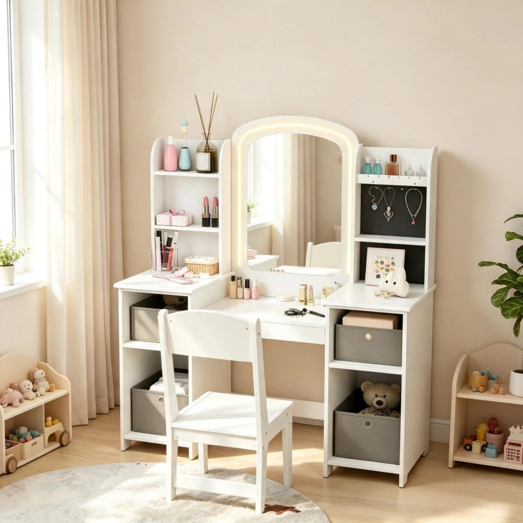 Set da parrucchiere per bambini con sgabello e specchio a LED, tavolo da trucco per bambini dai 3 agli 8 anni.