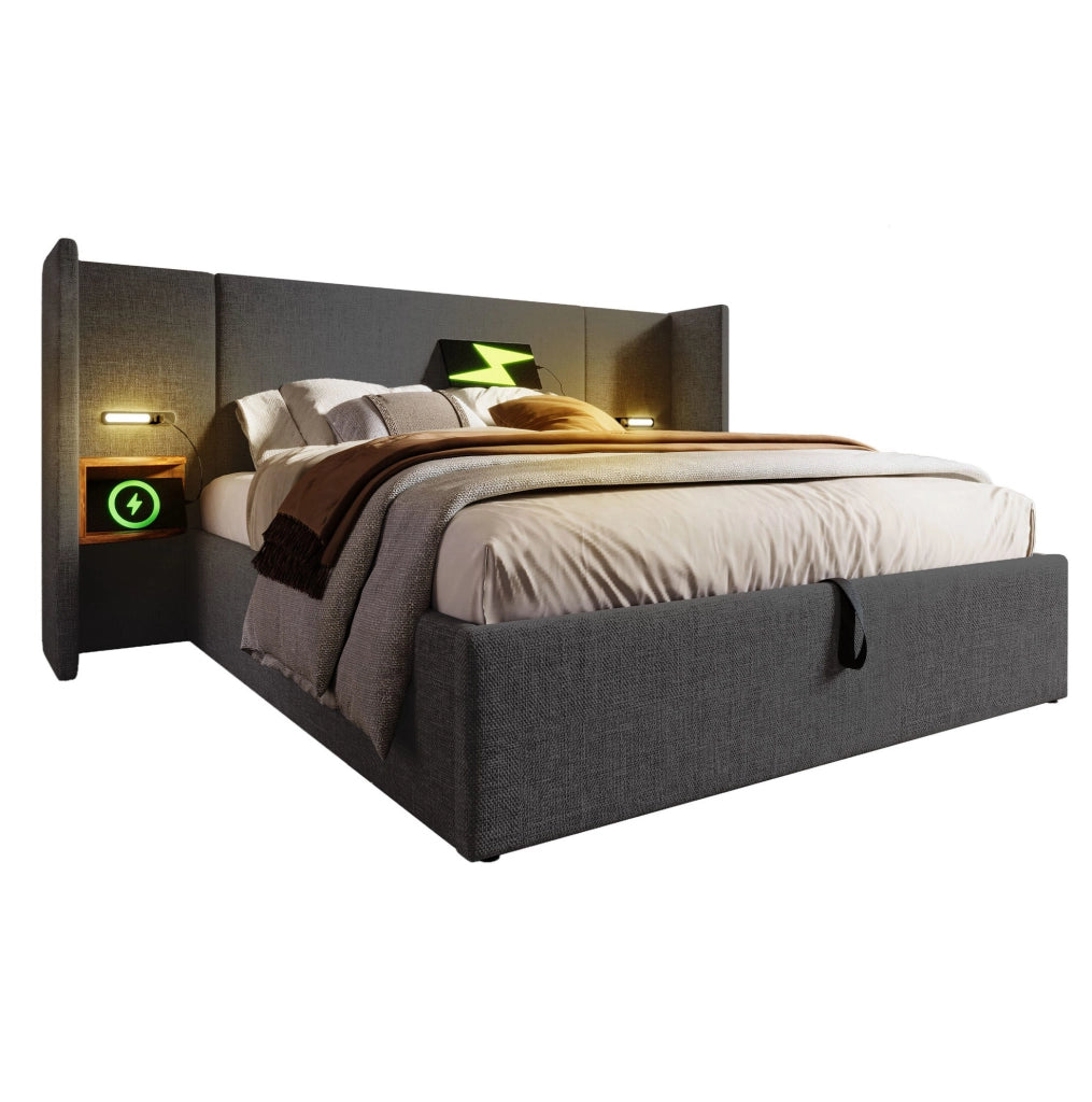 Letto matrimoniale 180x200 cm con contenitore; testiera con luce lettura USB e Type-C; grigio