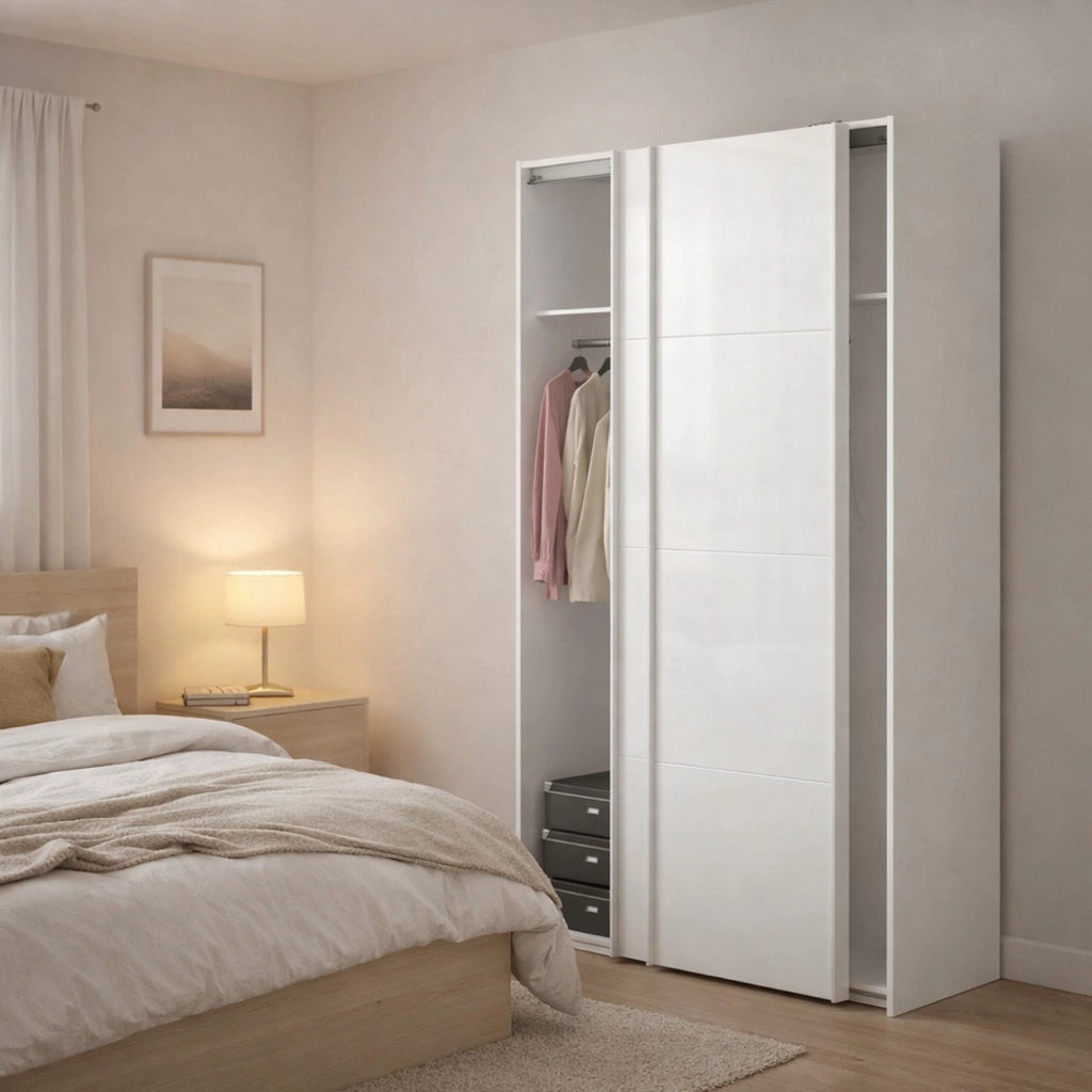 Guardaroba 2 ante Adria, Mobile camera da letto, Cabina armadio portabiti, Armadio appendiabiti, 122x62 h220 cm, Bianco lucido