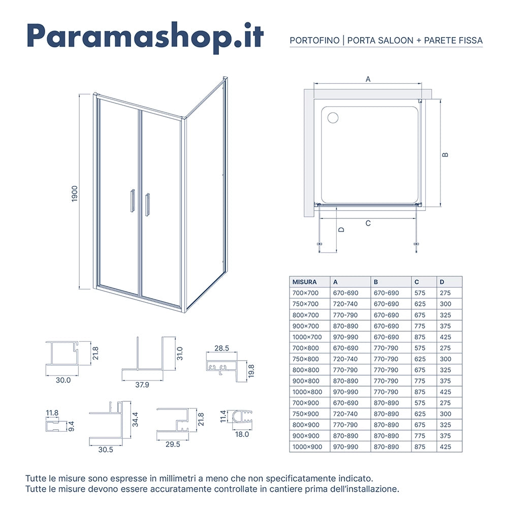 Box doccia slim 80x90cm con porta saloon e parete fissa profili cromati e vetro 6mm opaco h190| Portofino