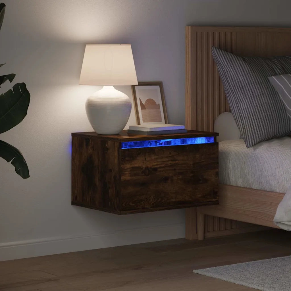 Set di 2 Comodini | Armadio da Notte | Mobiletto da notte a Parete con luci LED Rovere Fumo