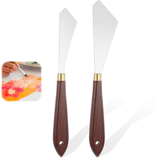 Set di pennelli a palette 2 pezzi - Acciaio inossidabile - Manico in legno - Pennello a smerigliare - Pennello a pennellare - Schiuma per oli/acrilici