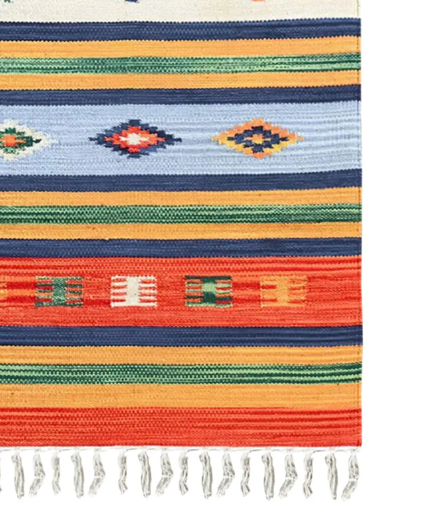 Tappeto KELIM 06 disegni etnici orientali colori vivaci cm.90x150 tessuto e frangia 100% cotone, lavabile in lavatrice