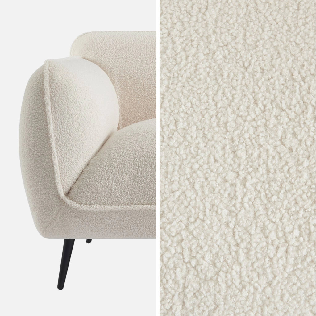 Divano in tessuto bouclé crema con gambe in metallo, 3 posti, crema