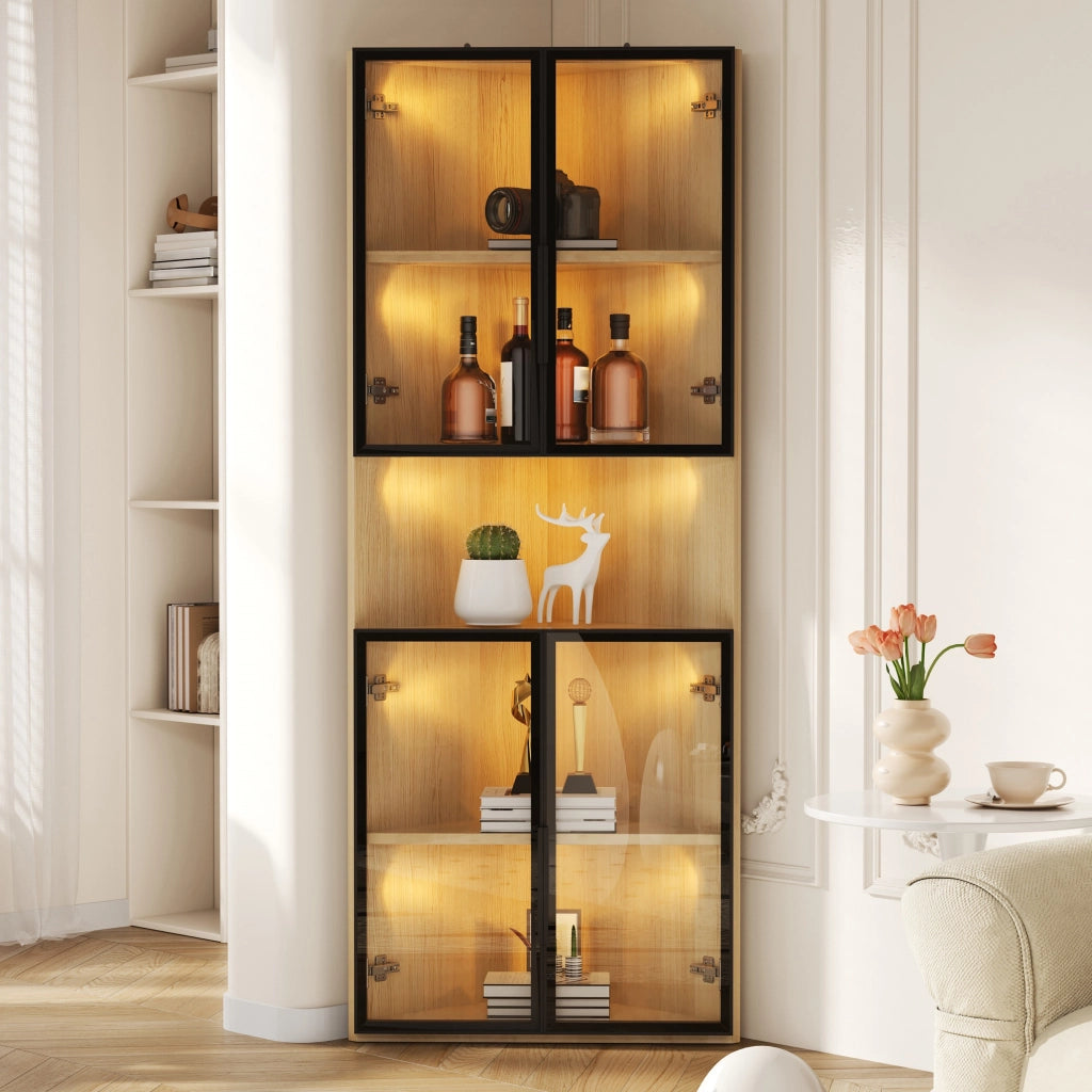 Vetrina, mobile angolare, ante in vetro, illuminazione a LED, 62x32x160 cm, colore legno naturale