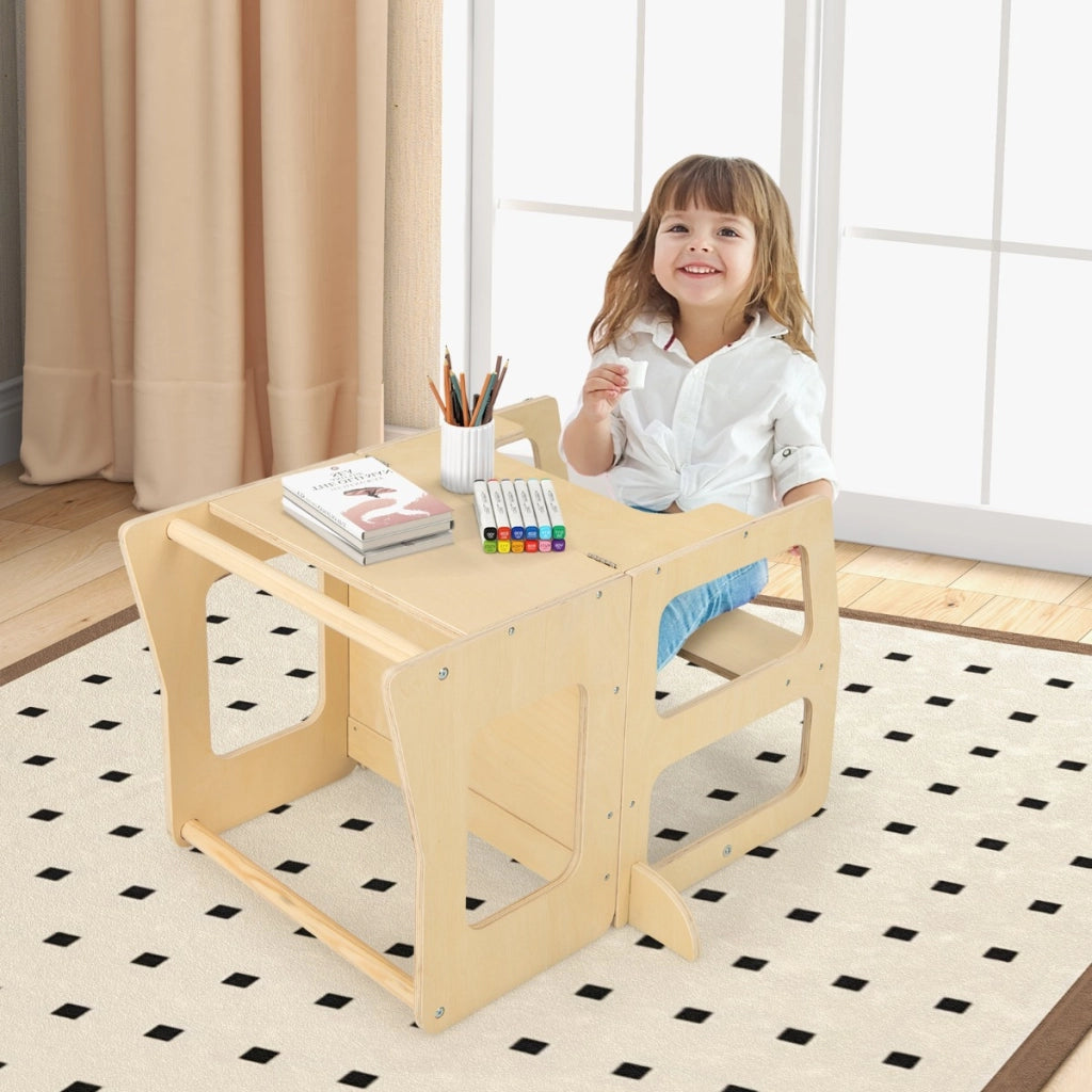 Torre apprendimento da cucina pieghevole per bambini 3 in 1, Sgabello montessori per bambini con lavagna Naturale