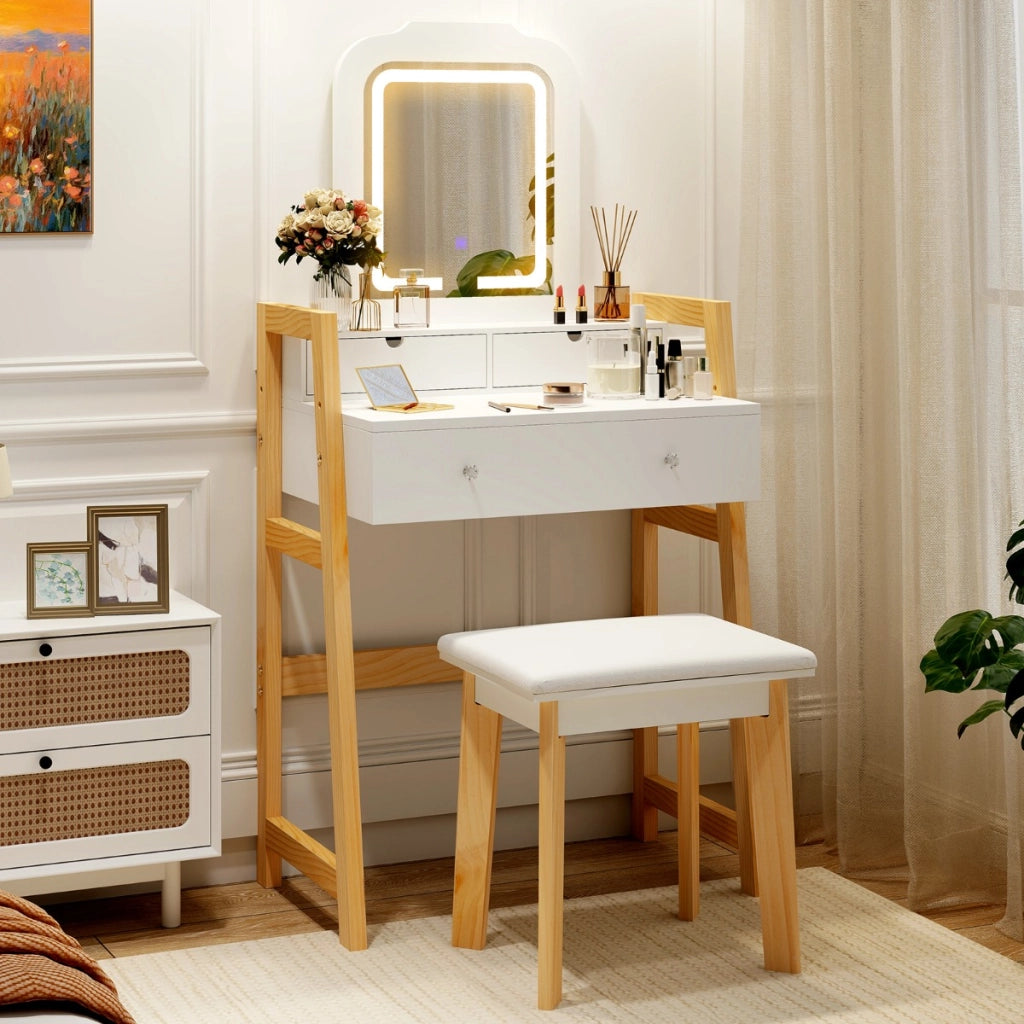 Tavolo da trucco con luci LED a 3 colori gambe in legno di pino e altezza regolabile, Set da toeletta con specchio illuminato Bianco-Tavoli da trucco