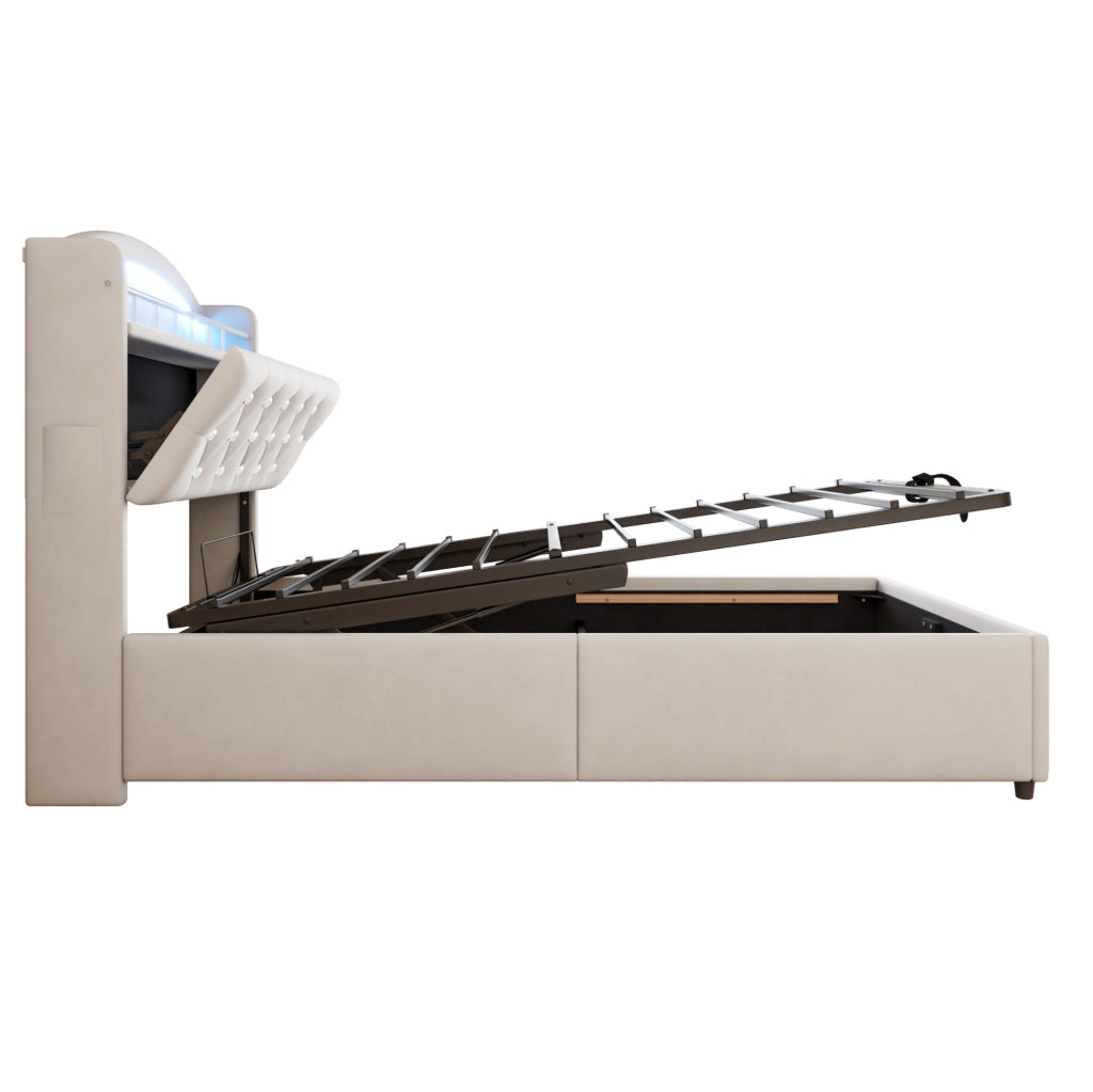 Letto imbottito 90x200 con contenitore, LED e porte USB, beige