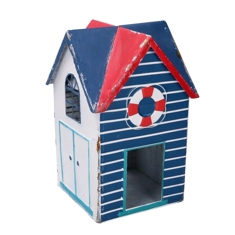 Lanterna metallo mare casetta bianco blu quadro cm 19x19h29