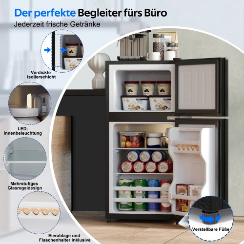 Mini frigorifero con congelatore; indipendente; volume totale 60L; congelatore da 22L; porta in vetro; illuminazione LED; basso rumore; scaffali rimovibili in vetro; nero