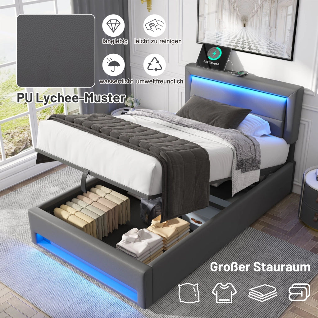 LETTO Imbottito 160x190 cm PU Grigio con USB, LED e contenitore